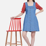 Denim Dress with Bagru Handblock Printed Sleeves