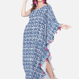 Indigo Handblock printed One Shoulder Kaftan Maxi Dress