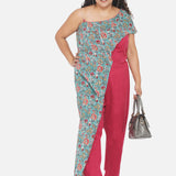 Red & Green Sanganeri Handblock Printed Overlap  Cotton Jumpsuit