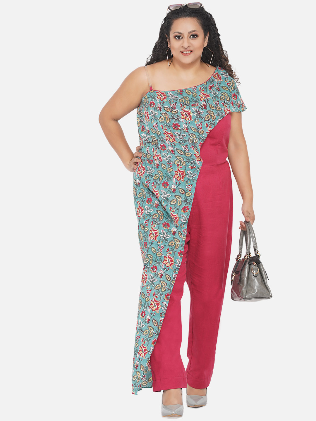 Red & Green Sanganeri Handblock Printed Overlap  Cotton Jumpsuit
