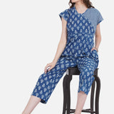 Indigo Dabu Handblock Printed Angrakha Style Cotton Jumpsuit