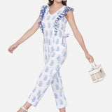 White Sanganeri Paisley Handblock Printed Cotton Jumpsuit