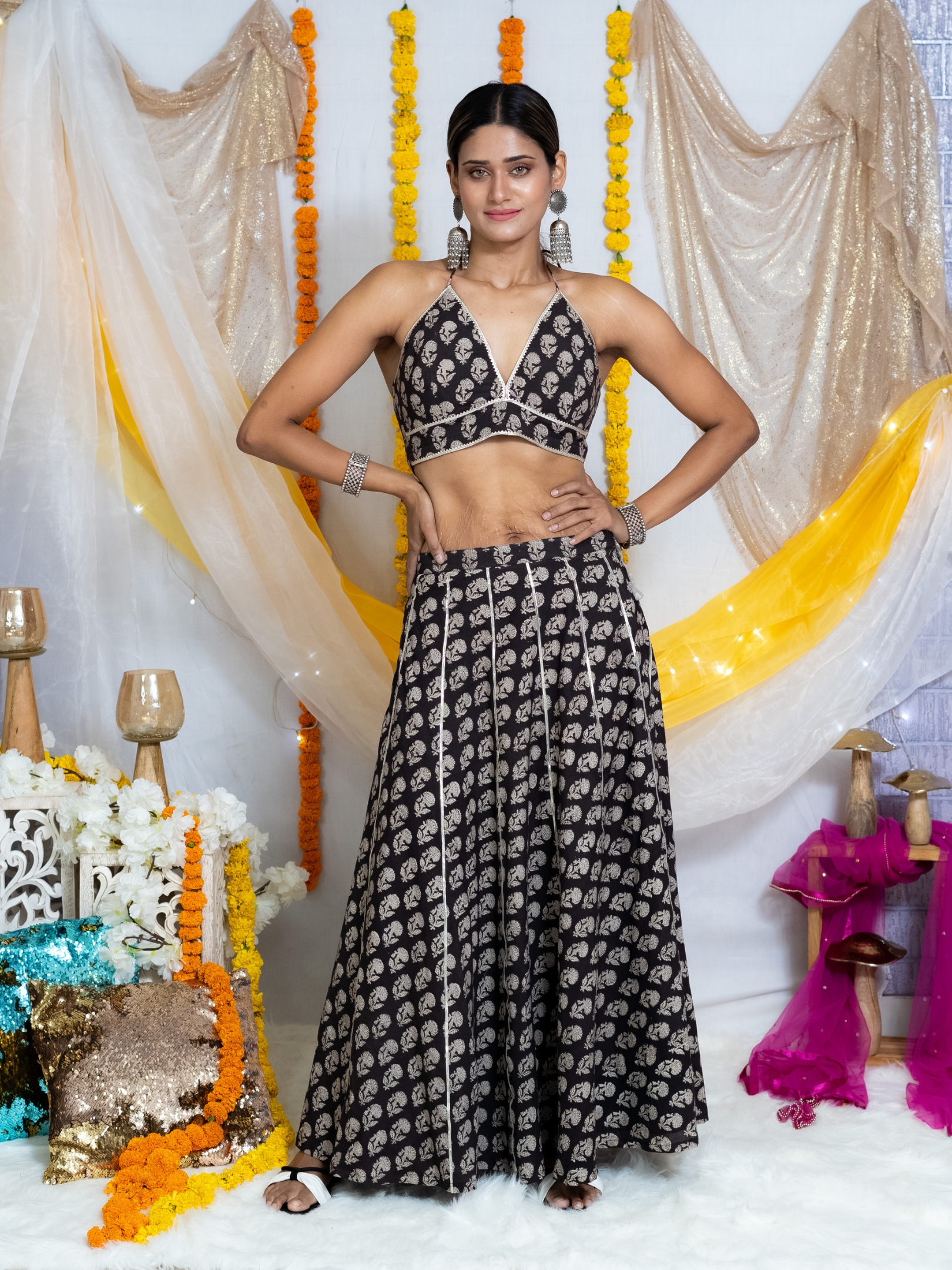 Black Bagru Hanblock Printed Lehenga Choli
