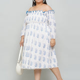 White Sanganeri Paisley Handblock Printed  Off Shoulder Cotton Dress