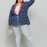 Indigo Handblock Print Peplum Jacket with Pink Collar