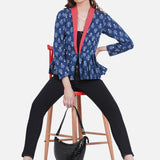Indigo Handblock Print Peplum Jacket with Pink Collar