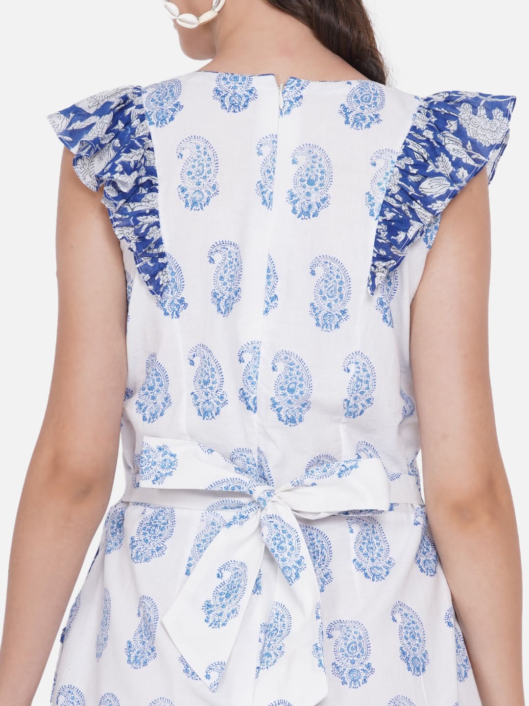 White Sanganeri Paisley Handblock Printed Cotton Jumpsuit