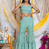 Blue Sanganeri Handblock Printed Top and Sharara Set