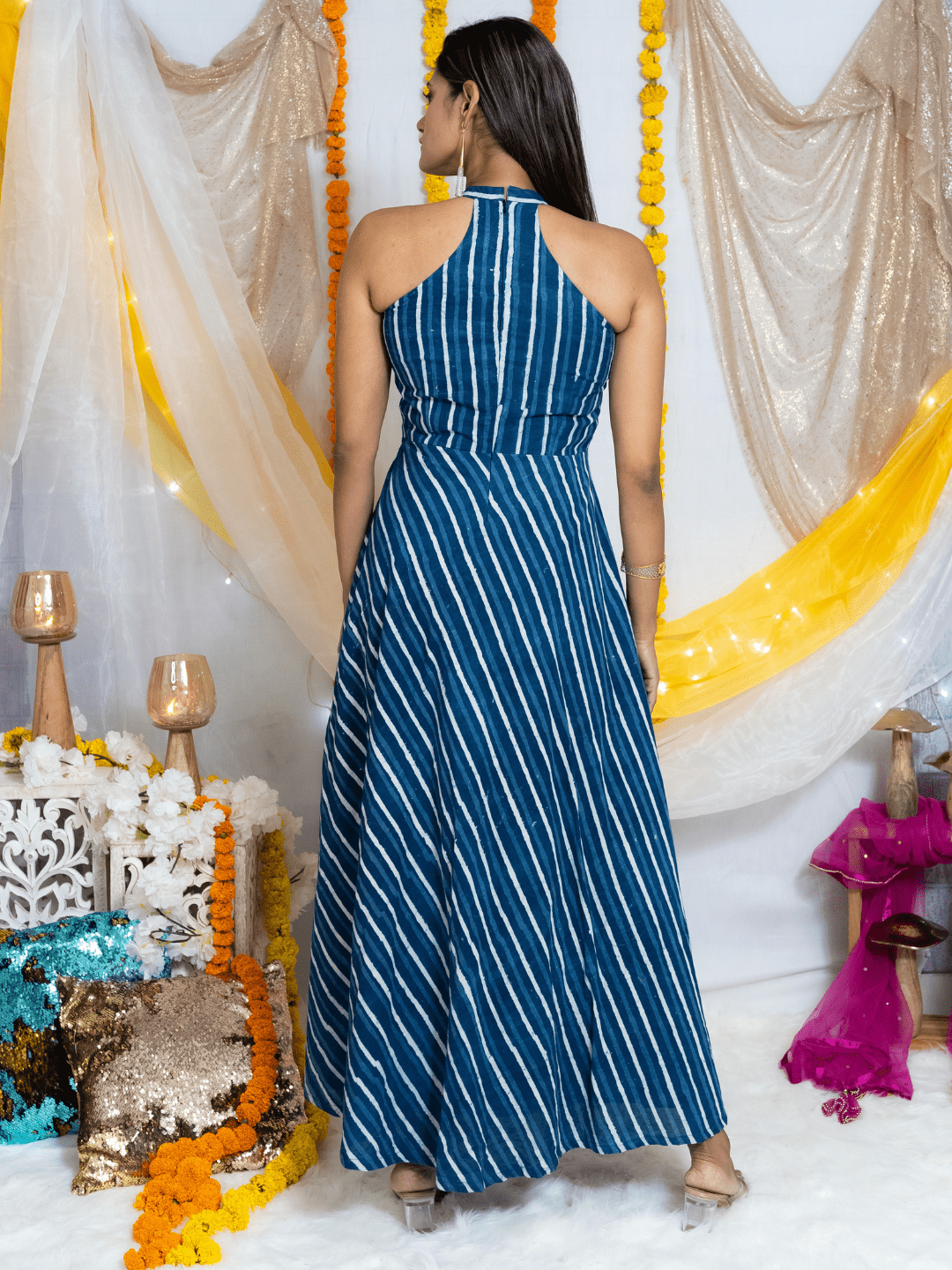 Indigo Dabu Handblock Printed Halter Maxi Cotton Dress