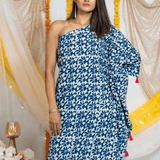 Indigo Handblock printed One Shoulder Kaftan Maxi Dress