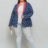 Indigo Handblock Print Peplum Jacket with Pink Collar