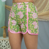 Green Sanganeri cotton shorts with pink piping