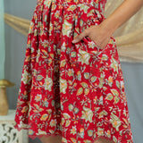 Red Sanganeri Handblock Printed Backless Cotton Dress
