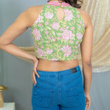 Green sanganeri handblock printed cotton crop top with pink stripe halter neck