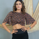 Black Modal silk Ajrakh handblock printed crop top with knot and butterfly sleeves