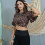 Black Modal silk Ajrakh handblock printed crop top with knot and butterfly sleeves