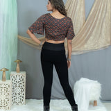 Black Modal silk Ajrakh handblock printed crop top with knot and butterfly sleeves