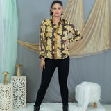 Black & beige vanaspati handblock printed modal satin shirt with sequin