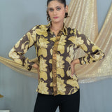 Black & beige vanaspati handblock printed modal satin shirt with sequin