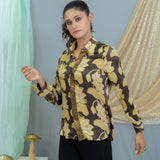 Black & beige vanaspati handblock printed modal satin shirt with sequin