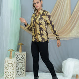 Black & beige vanaspati handblock printed modal satin shirt with sequin