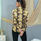 Black & beige vanaspati handblock printed modal satin shirt with sequin