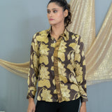 Black & beige vanaspati handblock printed modal satin shirt with sequin