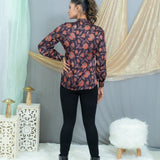 Black with pink vanaspati handblock printed floral modal satin shirt
