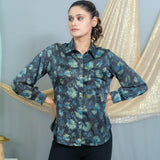 Black & Indigo vanaspati handblock printed modal satin shirt