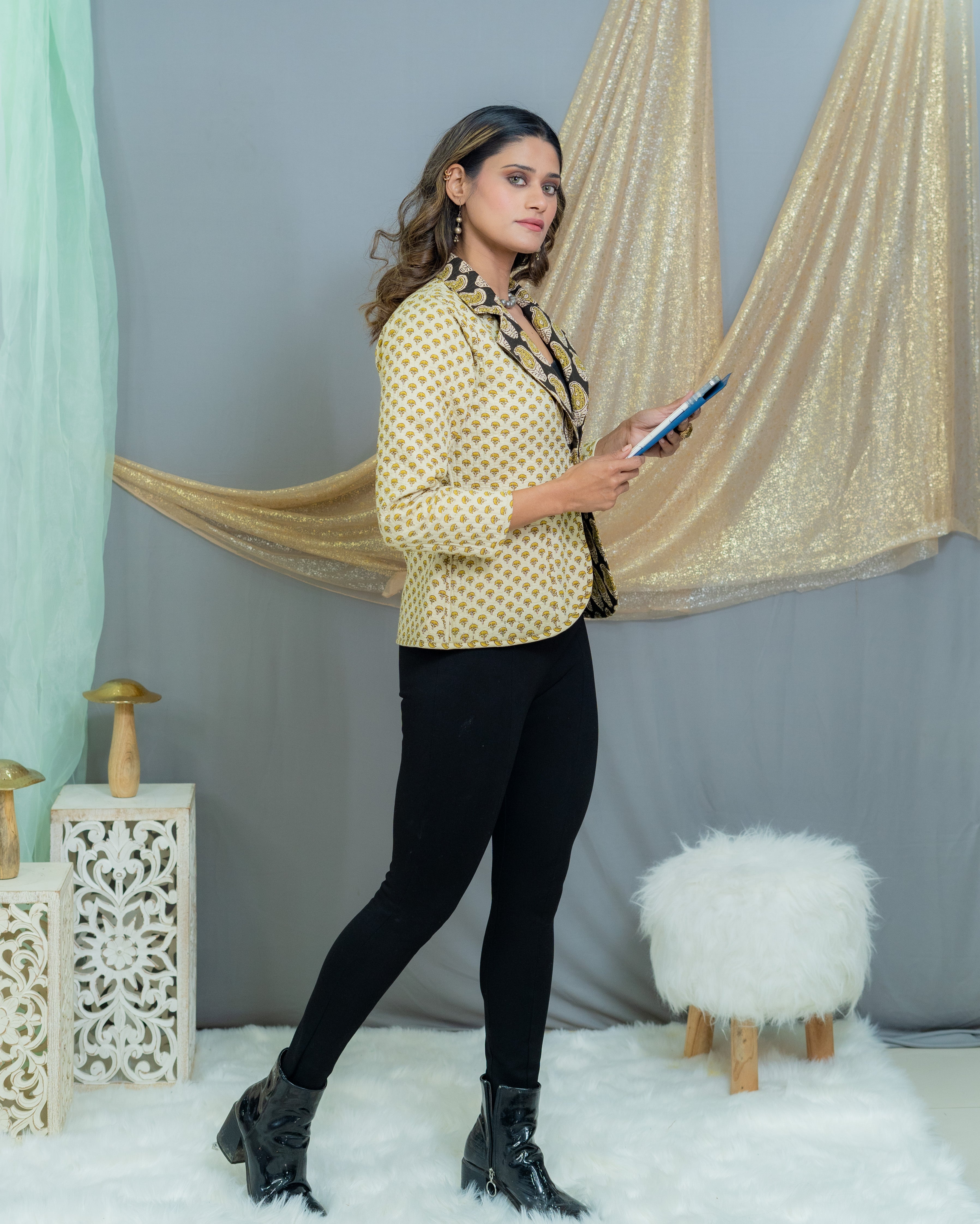 Black Olive Bagru Handblock Printed Reversible Quilted Coat