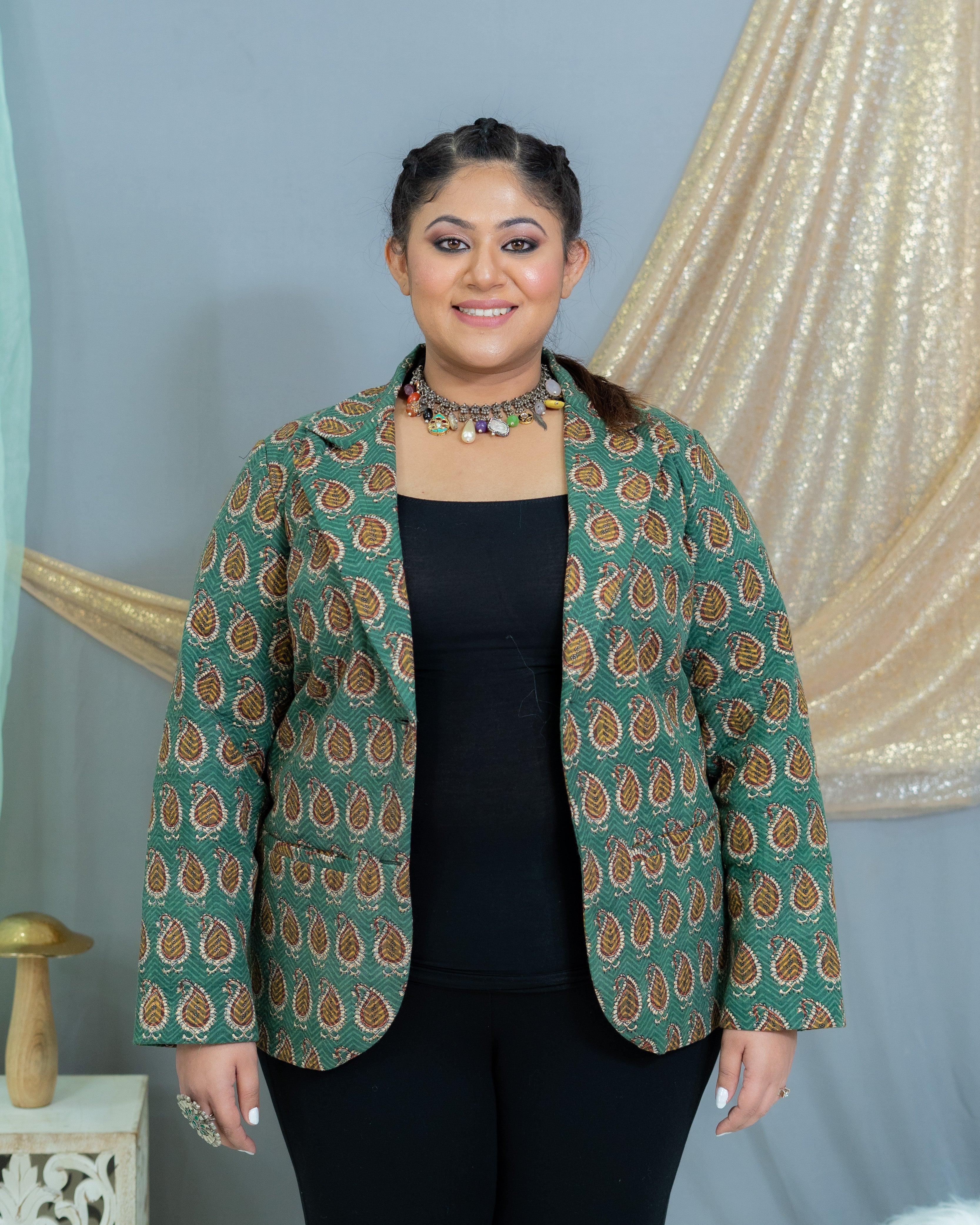 Green Bagru Handblock printed  Quilted Blazer
