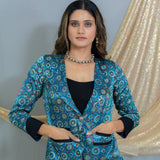 Indigo Ajrakh  Handblock Printed Mashru Silk Blazer with  Black Pockets