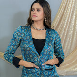 Indigo Ajrakh  Handblock Printed Mashru Silk Blazer with  Black Pockets