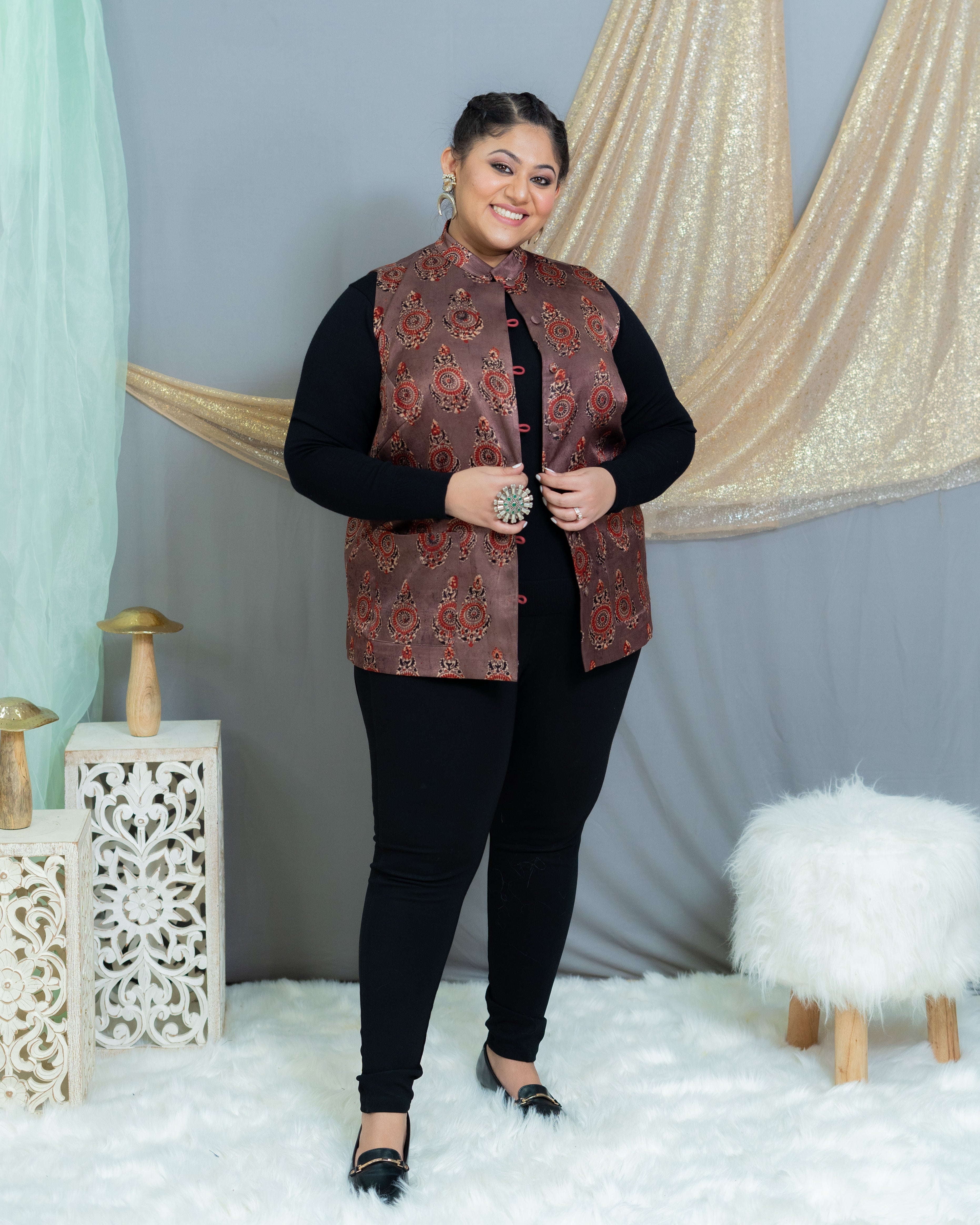 Rose Pink Ajrakh Handblock Printed Mashru Silk Nehru Jacket