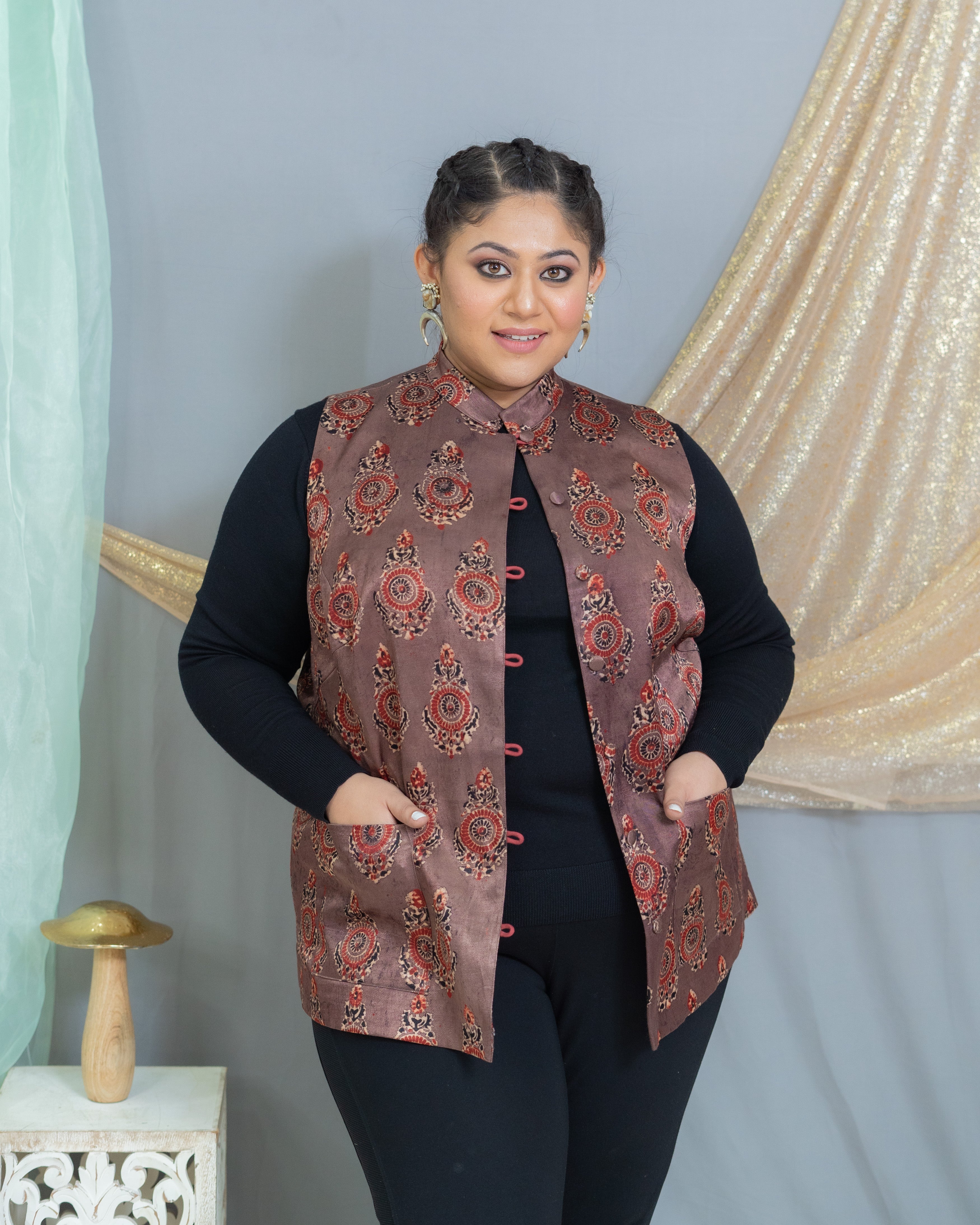 Rose Pink Ajrakh Handblock Printed Mashru Silk Nehru Jacket