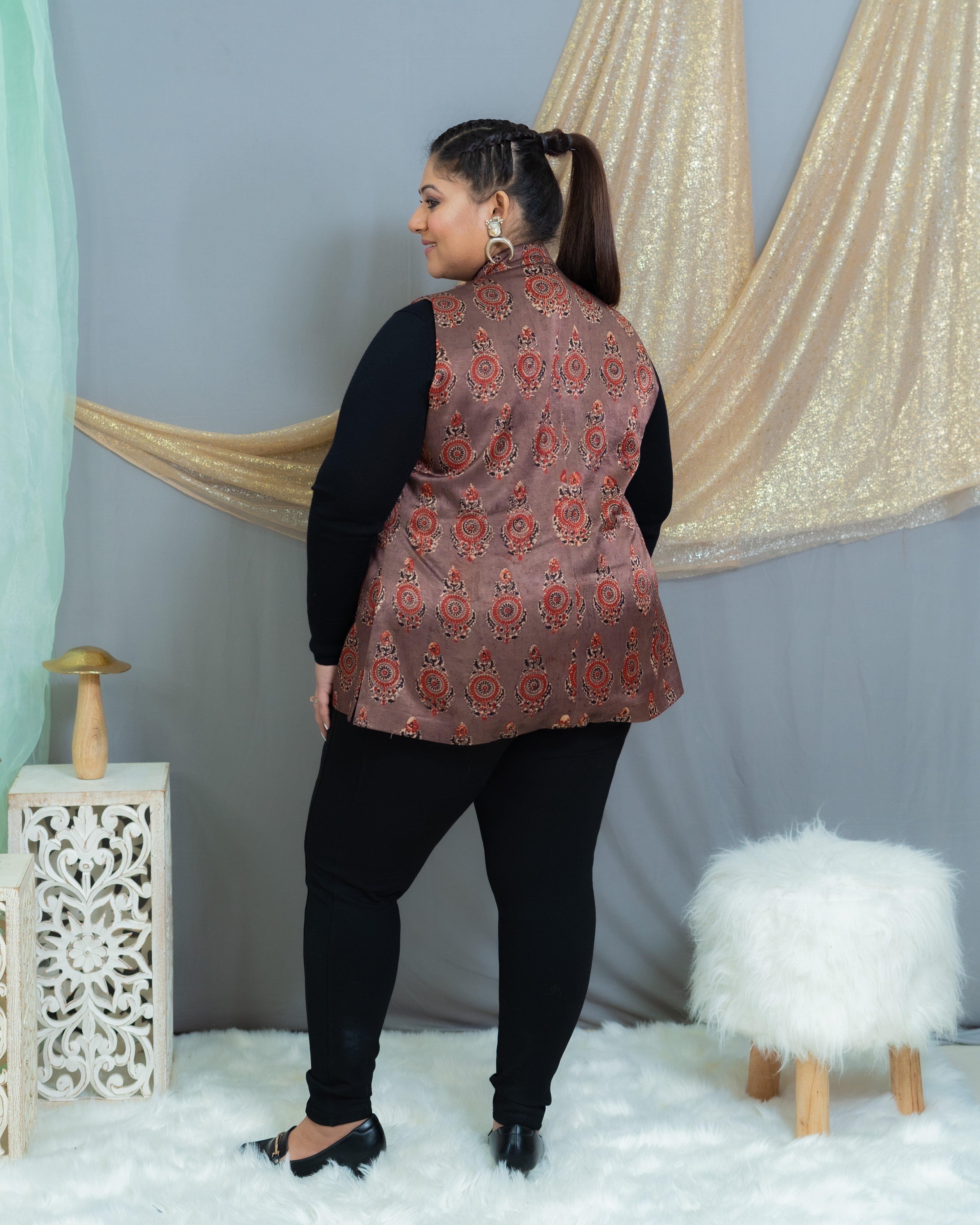 Rose Pink Ajrakh Handblock Printed Mashru Silk Nehru Jacket