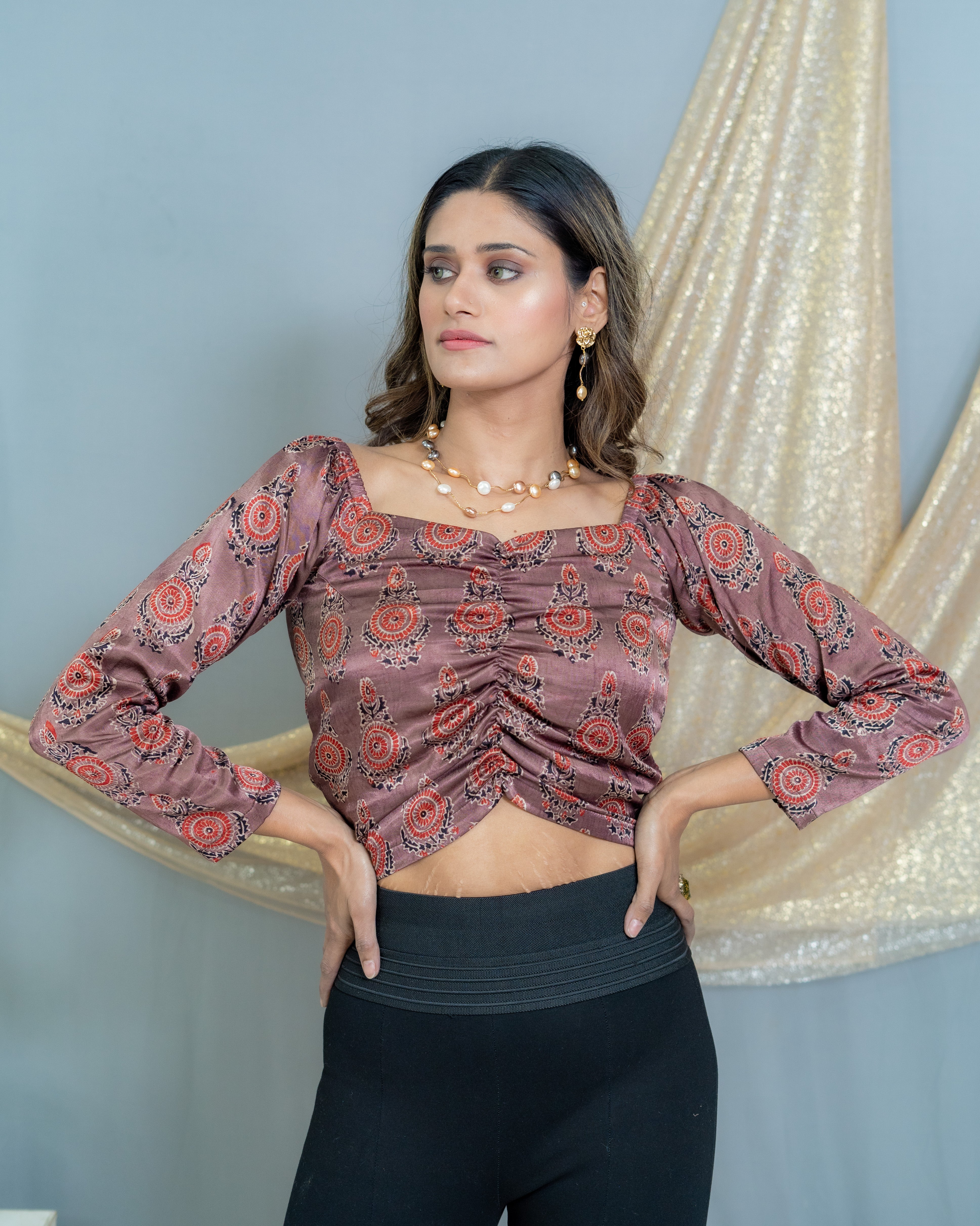 Rose pink Mashru silk ajrakh handblock printed bobin elastic crop top