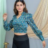 Indigo Ajrakh Handblock Printed Mashru silk V-neck crop top