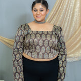 Black Ajrakh Pasiley Handblock Printed Mashru Silk Crop Top