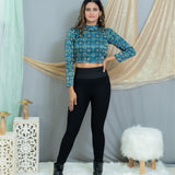 Indigo Ajrakh Handblock Printed Mashru Silk Turtle Neck top