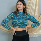 Indigo Ajrakh Handblock Printed Mashru Silk Turtle Neck top