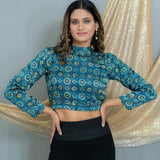 Indigo Ajrakh Handblock Printed Mashru Silk Turtle Neck top