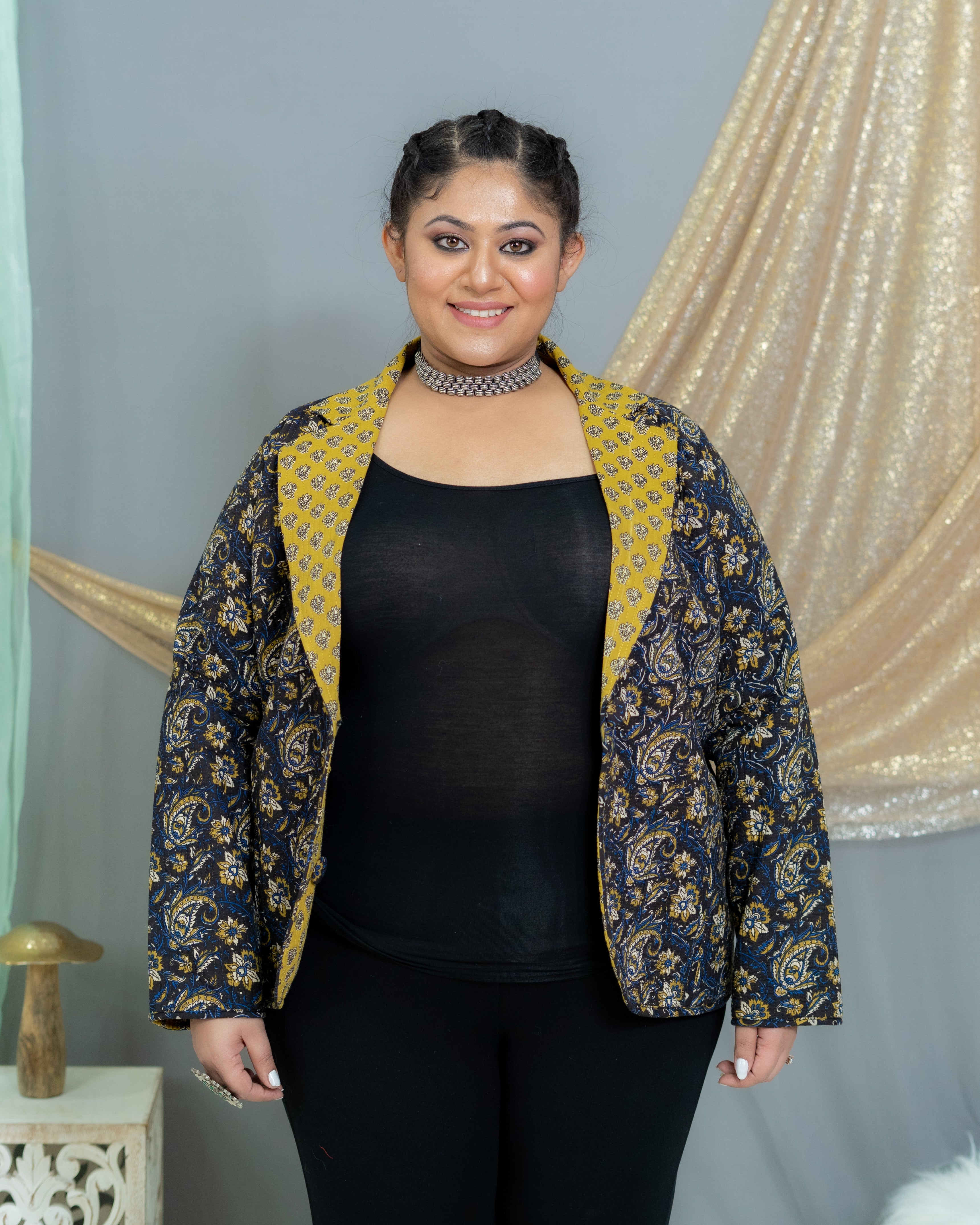 Black & Mustard Bagru Kalamkari Handblock Printed Reversible Quilted Blazer