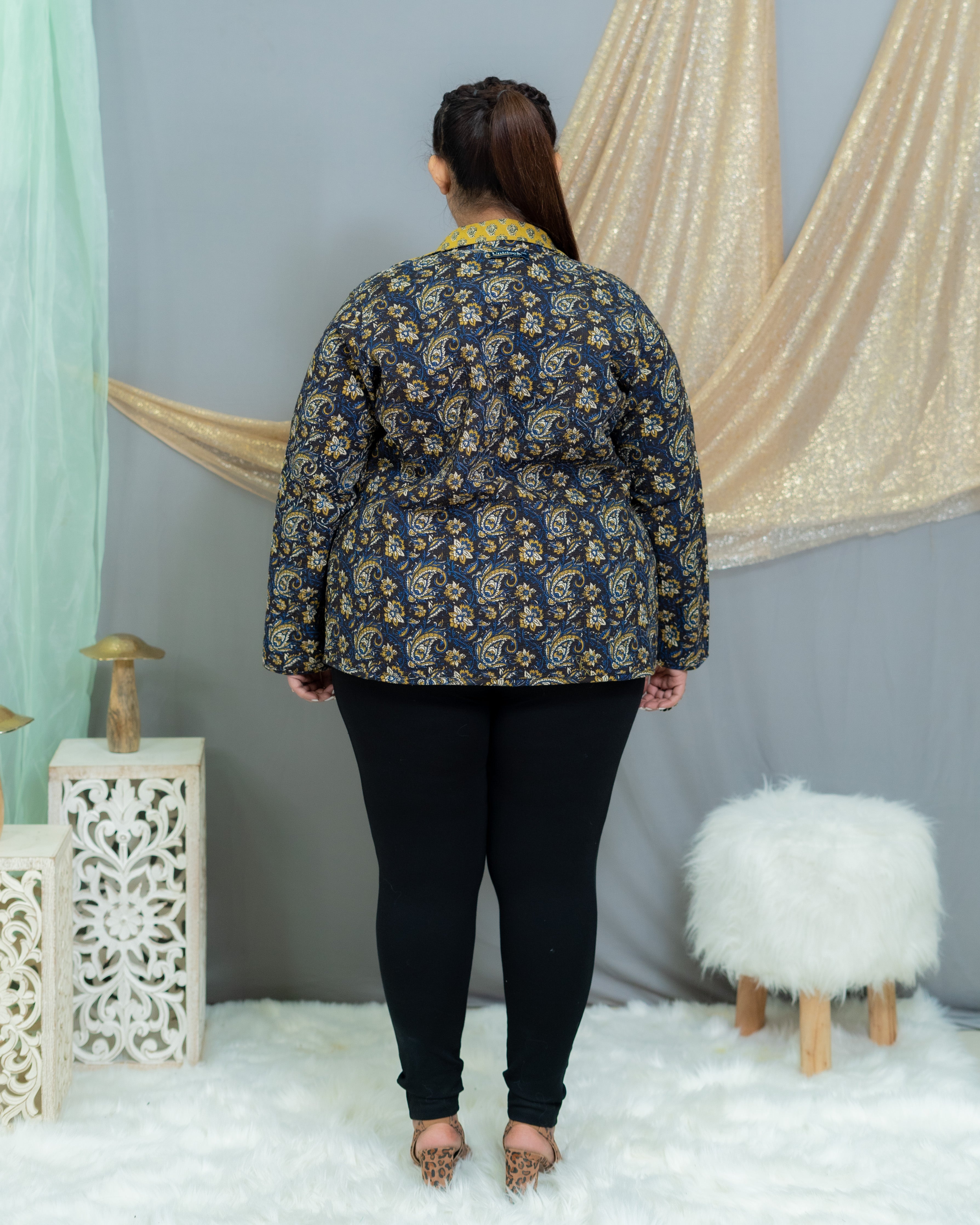 Black & Mustard Bagru Kalamkari Handblock Printed Reversible Quilted Blazer