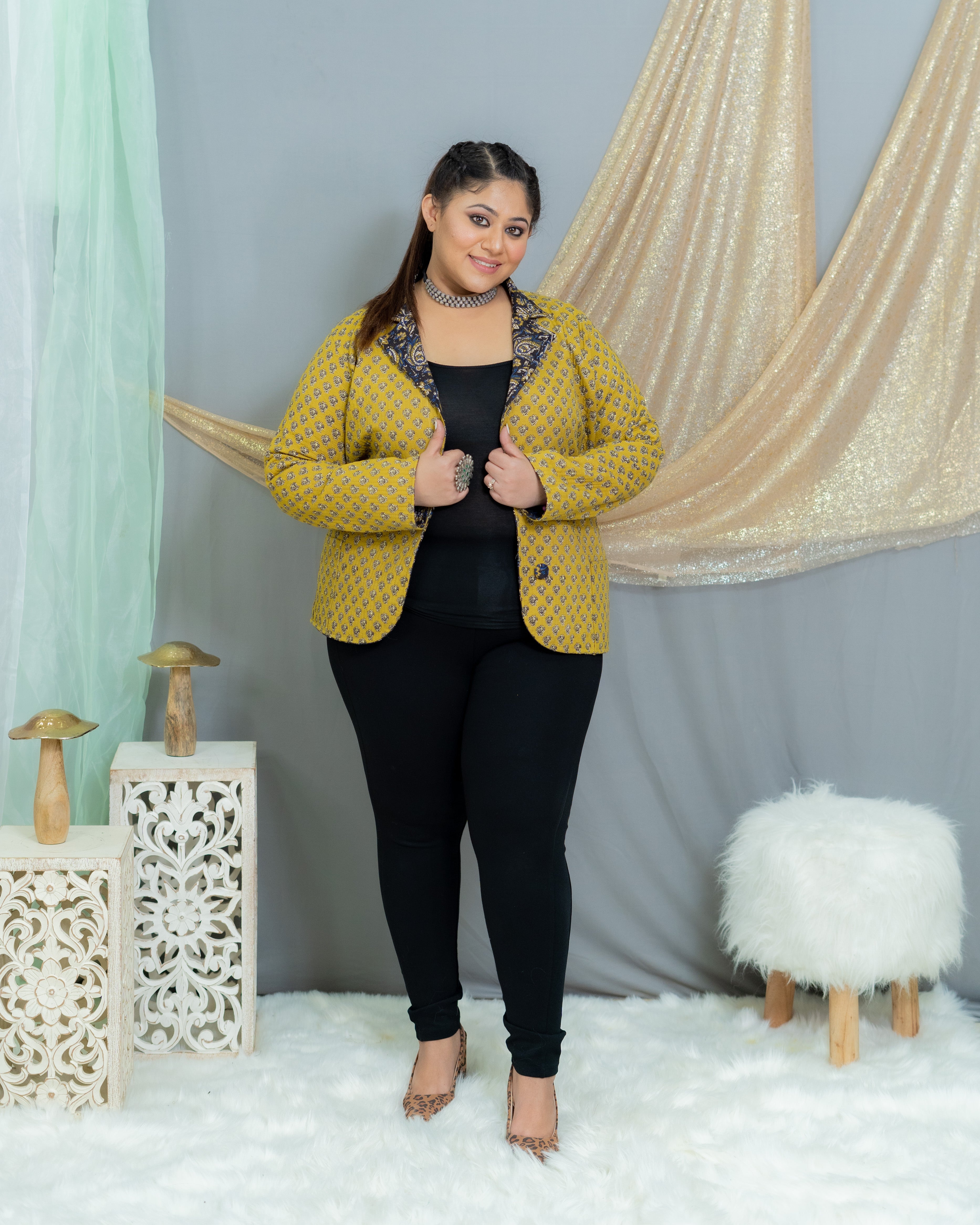 Black & Mustard Bagru Kalamkari Handblock Printed Reversible Quilted Blazer