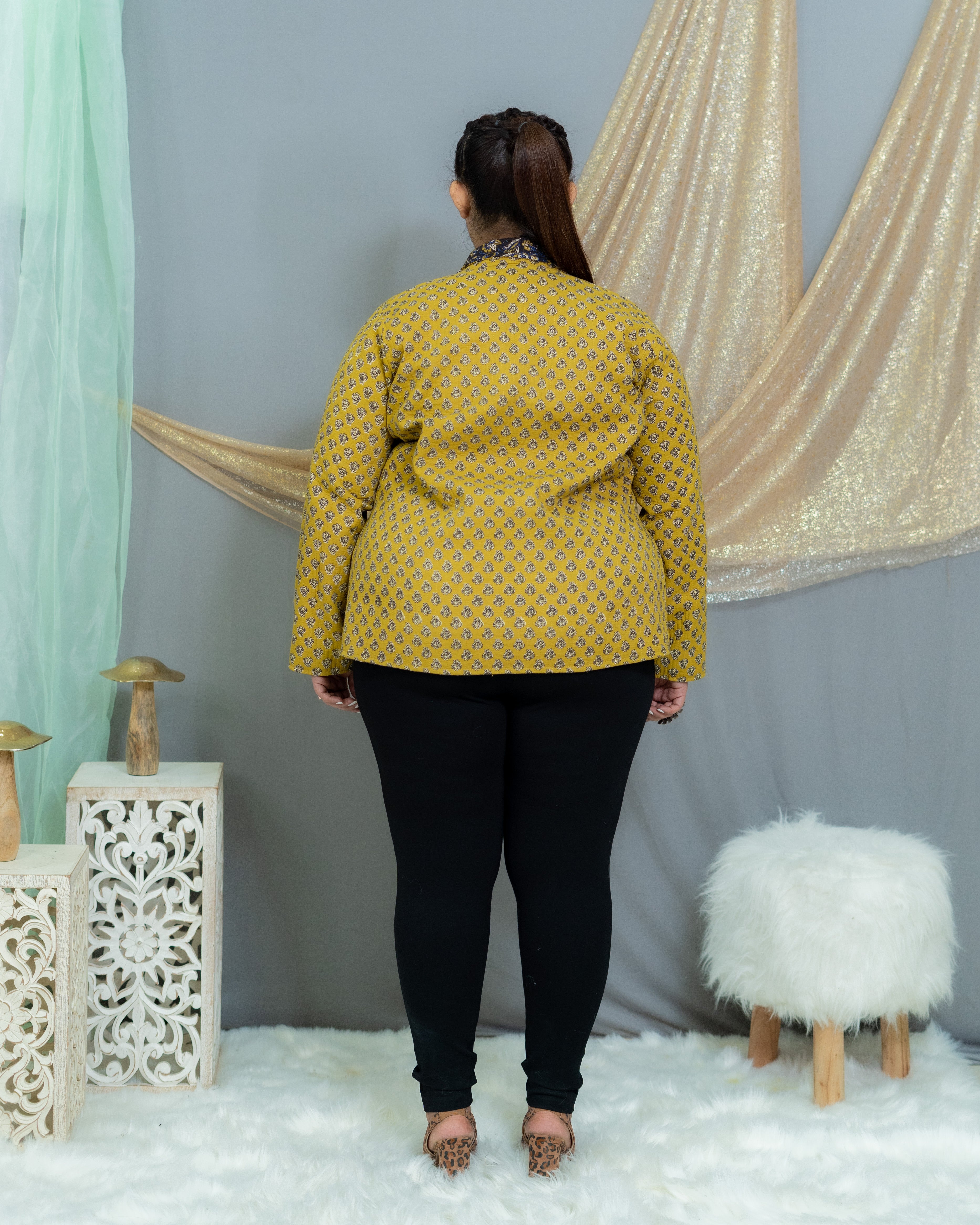 Black & Mustard Bagru Kalamkari Handblock Printed Reversible Quilted Blazer