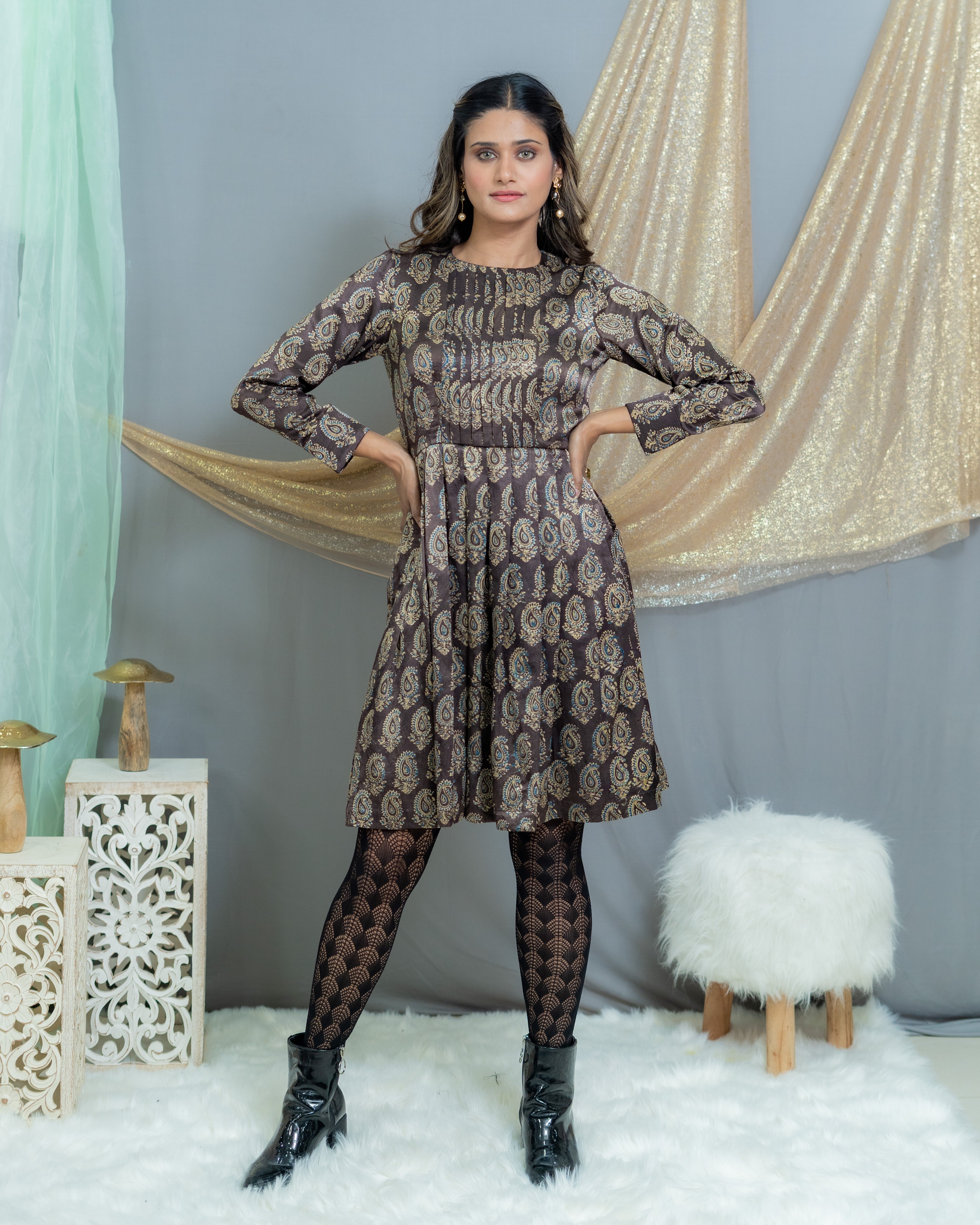 Black Ajrakh Handblock Printed Mashru silk Pleated Dress