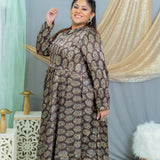 Black Paisley Ajrakh Handblock Printed Mashru Silk Dress with Collar
