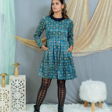 Indigo Ajrakh Handblock Printed Mashru Silk Dress with Black Collar