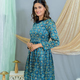 Indigo Ajrakh Handblock Printed Mashru Silk Dress with Black Collar